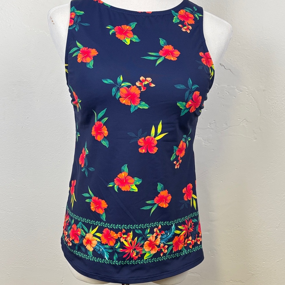 Lands' End Navy Floral Swim Tank Top 8 Long